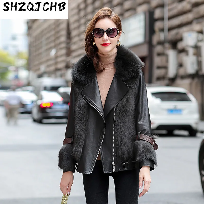 

Женское короткое пальто SHZQ из овчины, корейское свободное кожаное пальто с лисьим мехом, новинка зимы 2021, хлопок