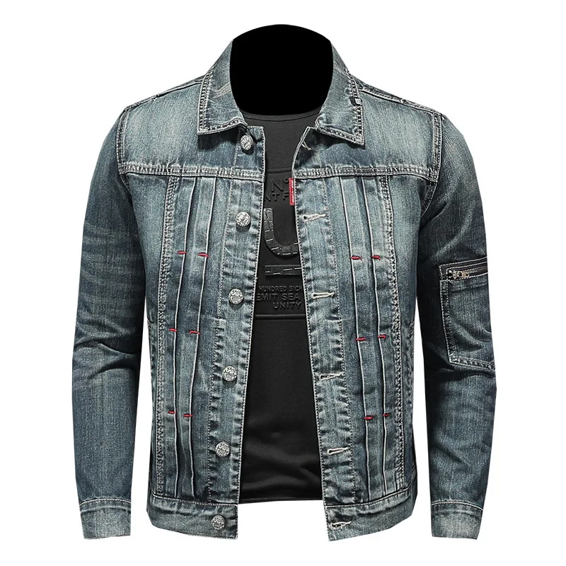 

High Quality Men's Denim Jacket Cotton Blue Lapel Slim Retro Clothing 2021 Spring And Autumn Hot Sale Motorcycle Fashion Top 5XL