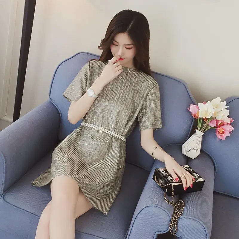 

New summer medium length loose bright silk student T-shirt short sleeve dress super slim waist gentle Goddess Top