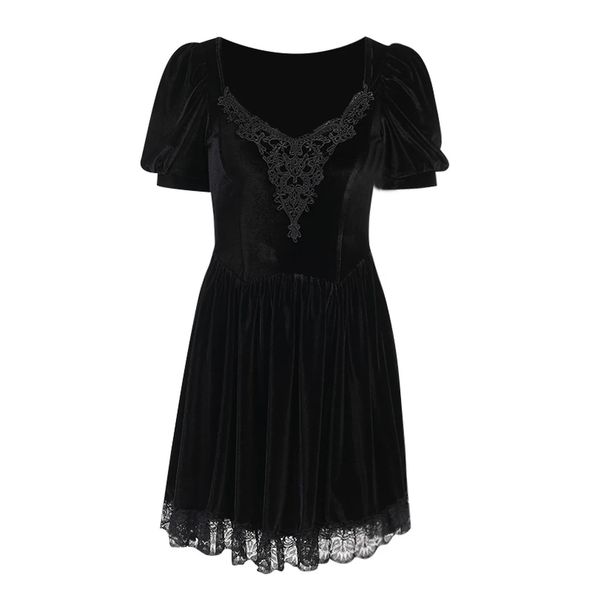 

Helisopus 2021 New Black Lace Puff Short Sleeve Dress Aesthetic High Waist Elegant Velvet Dress Mini Gothic Party Dress Summer