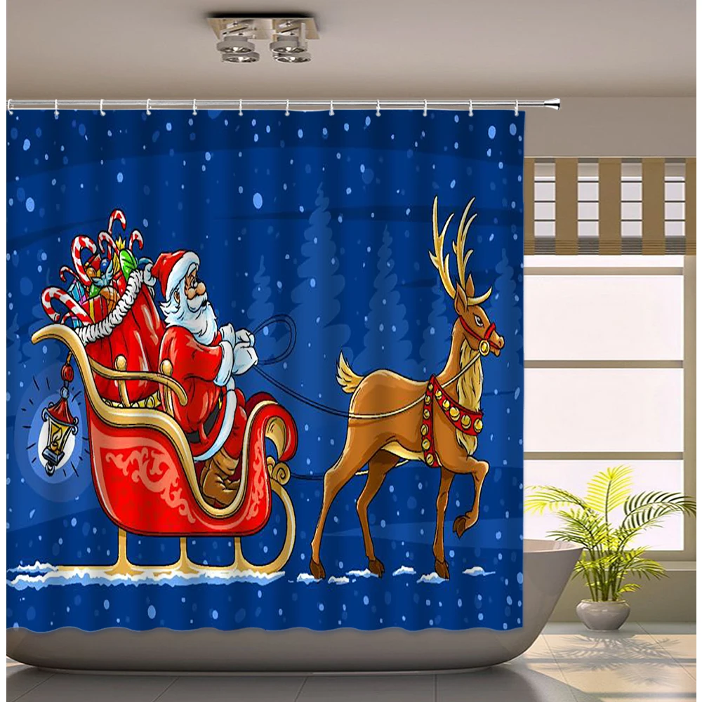 

Christmas Shower Curtain Santa Claus Reindeer Car Snow Scene Bathroom Curtain Winter New Year Home Decor Curtains For Kitchen