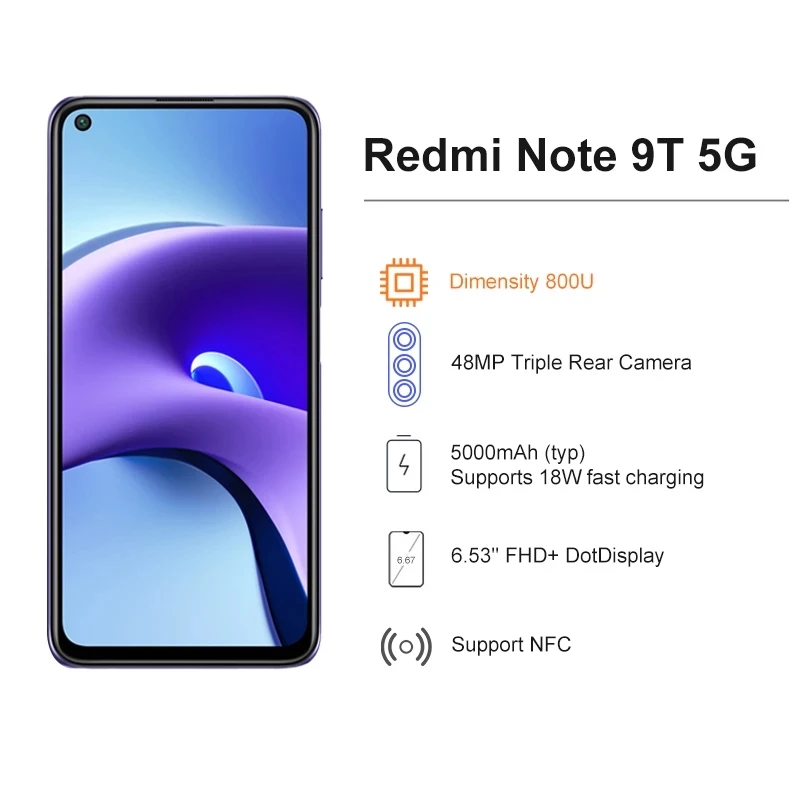 Глобальная версия Xiaomi Redmi Note 9T 5G 4GB смартфон 48MP AI тройной камерой мобильного