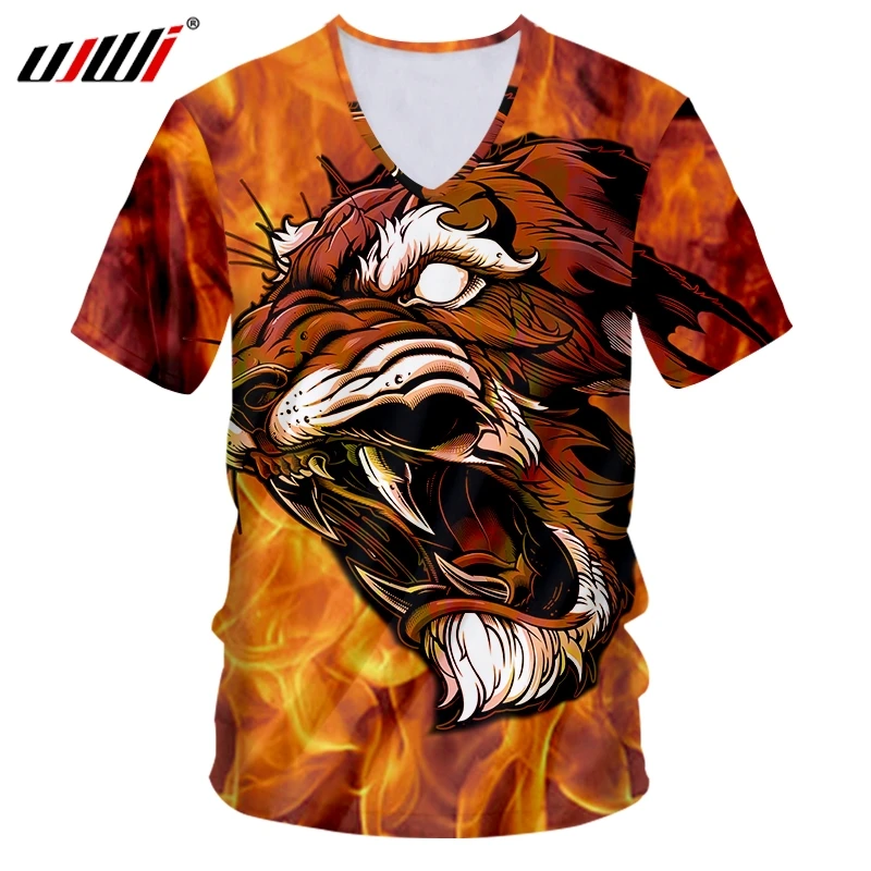 

UJWI унисекс в стиле хип-хоп с v-образной горловиной футболка новые летние топы для женщин/Мужская 3d печати пламя Футболка С Рисунком Тигра чел...