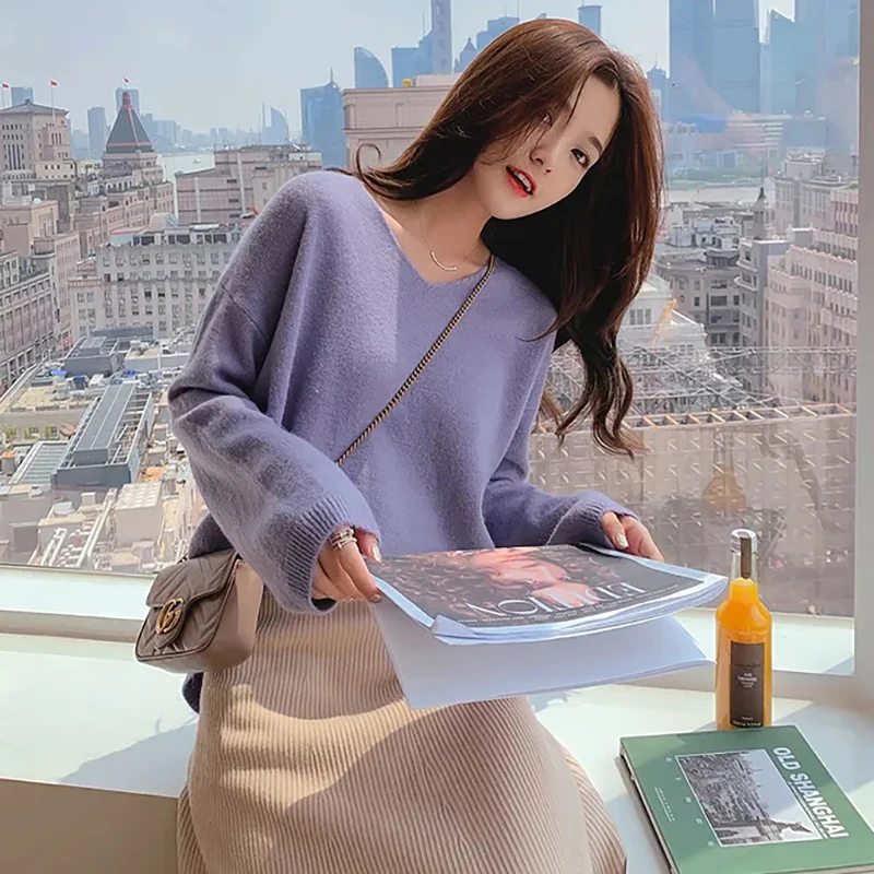 

Осенне-зимний однотонный теплый пуловер, свитер, женский корейский Мягкий трикотажный свитер с V-образным вырезом и длинным рукавом, модная ...