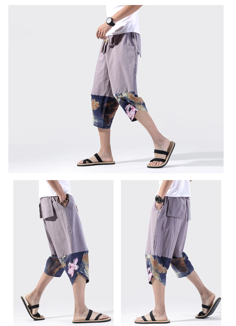 

Men Japanese Style Pants Casual Cropped wide-leg pants Loose Fisherman Pants Lounge Harem Trousers with Drawstring