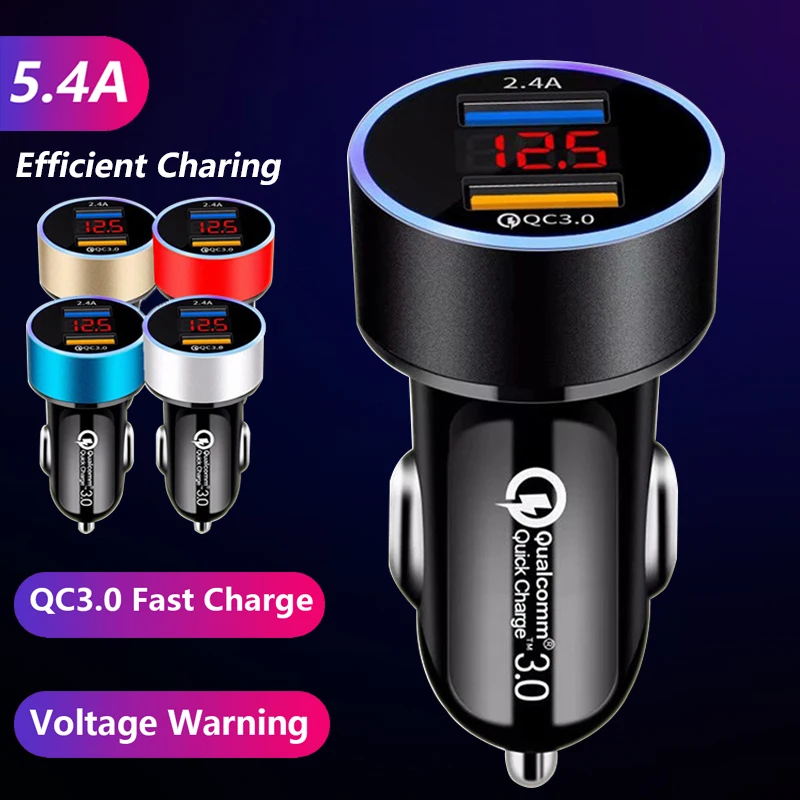 

QC3.0+2.4A Dual USB Car Charger 2 Ports LED Display Fast Charging For iPhone 12 Samsung Xiaomi Mobie Phone Charge Adapter In Car