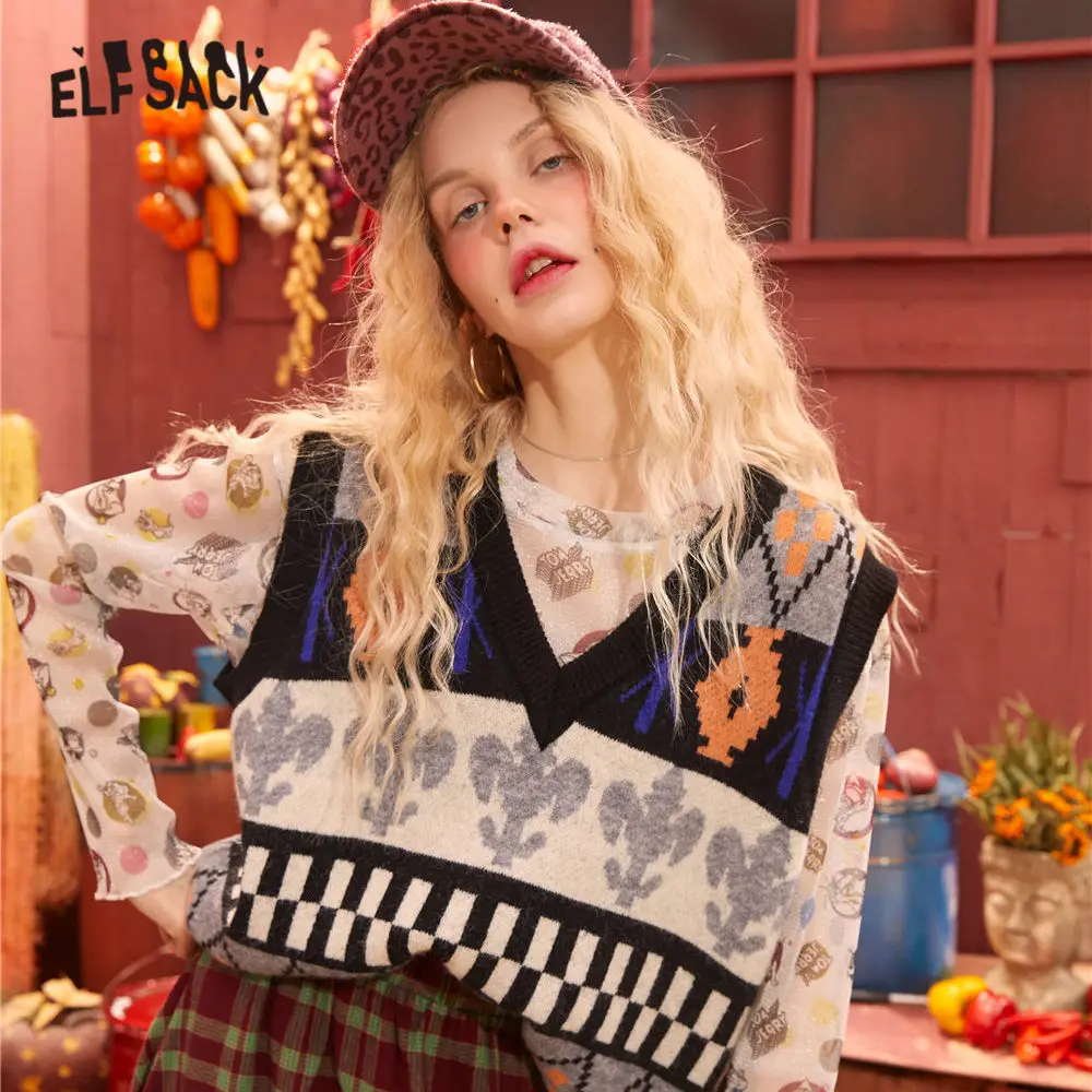 Женский винтажный трикотажный пуловер ELFSACK зеленый Повседневный с v образным