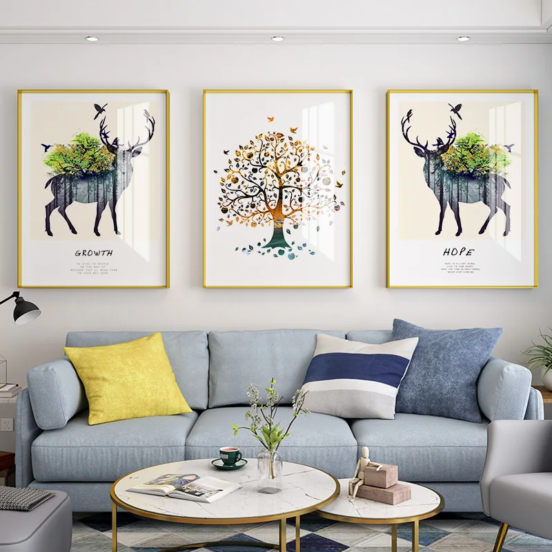 Фото Скандинавский абстрактный постер с оленем и деревом настенная Картина на холсте