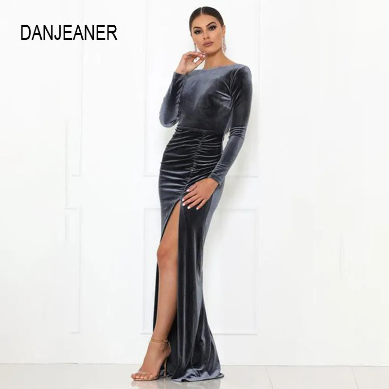 

DANJEANER Plus Size Women Bandage Bodycon Dress Retro Velvet High Split Ankle-Length Party Dress Long Sleeve Solid Sheath Dress