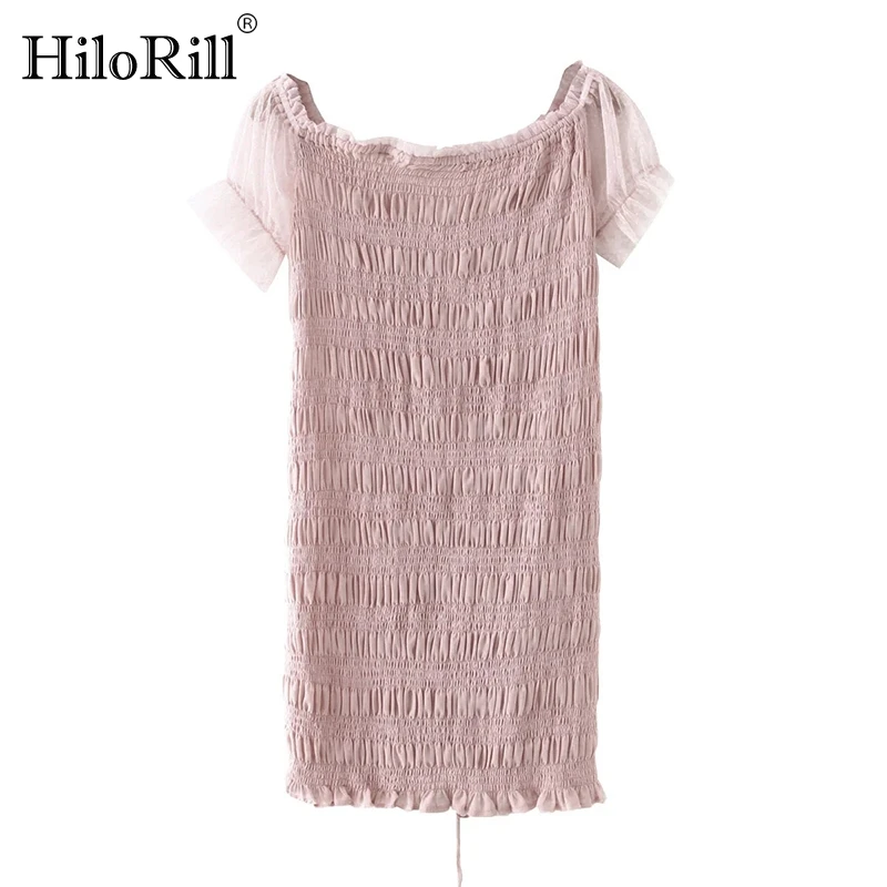 

HiloRill Women Mesh Patchwork Sexy Bodycon Dresses 2021 Chic Drawstring Pleated Party Dress Summer Short Sleeve Mini Dress Robe