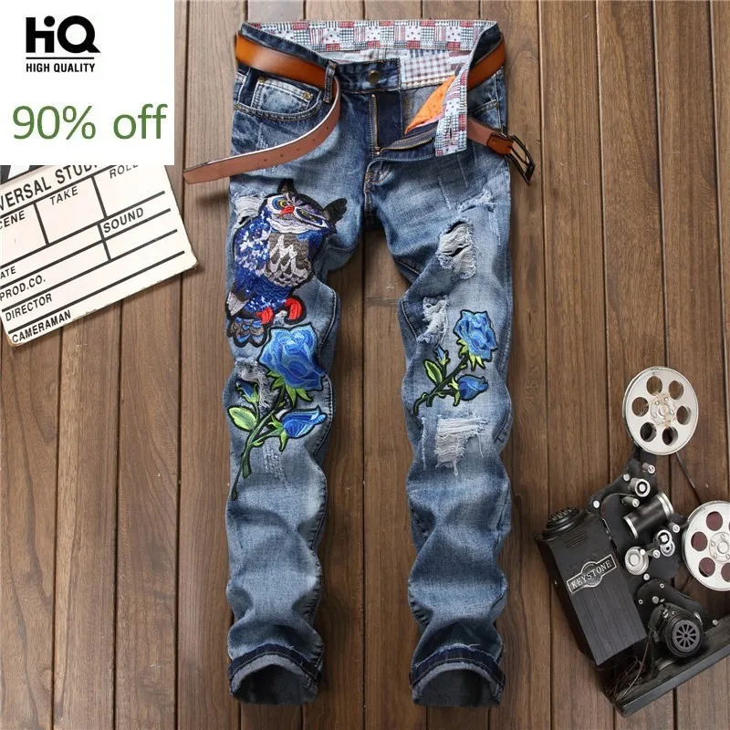Новый дизайн рваные джинсы с дырками мужские модные синие джинсовые брюки