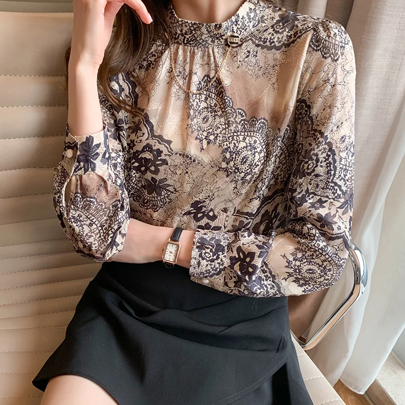 

Houthion Chiffon Slim Women's Blouses Long Sleeve Top New Casual Blouse Fashion Printing O-neck Shirt Summer