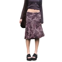 womens vintage floral print y2k skirt low waist 90s aesthetic mesh double layer midi skirt grunge fairycore streetwear