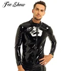 Новинка, блестящий Женский Топ с длинным рукавом и воротником-стойкой, блестящая влажная футболка из лакированной кожи, топы, пальто, клубная одежда