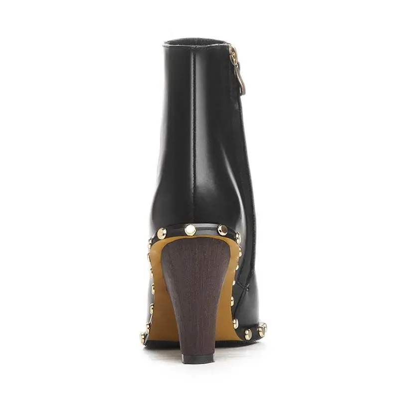 

Genuine Leather Ankle Boots For Women Luxury Brand Gold Rivet High Heel Women Boots Leather Women Autunm/Winter black Boots