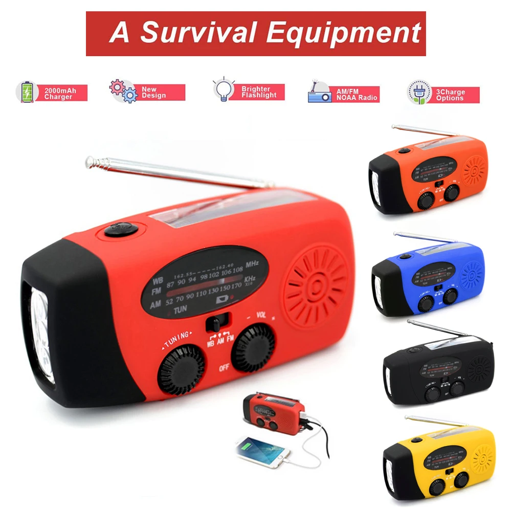 

Portable 2000mAh Multifunctional Radio Solar Crank Dynamo Powered AM/FM/NOAA Weather Radio Emergency LED Flashlight Power Bank