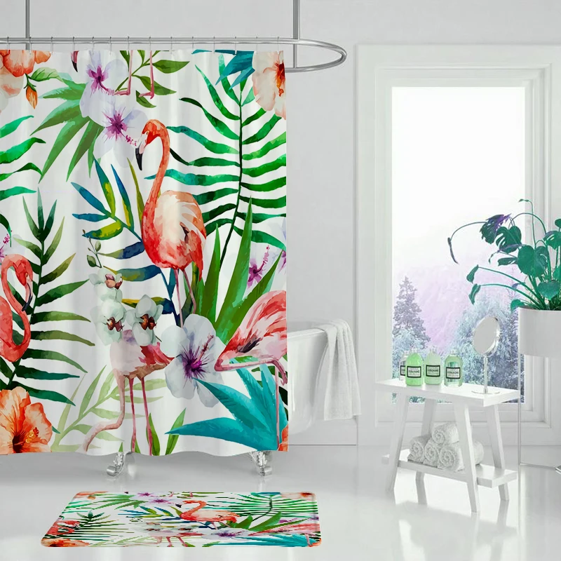Занавеска с принтом зеленых тропических растений и листьев для ванной душа набор