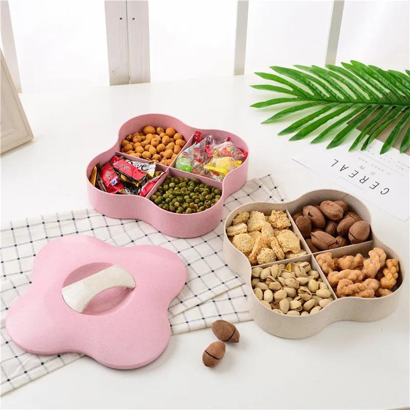 

Пластиковая коробка для конфет и закусок, четырехлистный клевер, влагостойкая коробка для орехов из семян дыни, двойная разделительная пла...