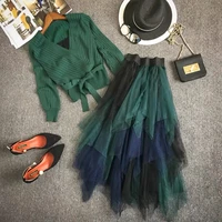 womens sexy kimono v neck knit sweater tops backless pullovers mesh tutu skirts suits autumn winter two piece set 2019 new green
