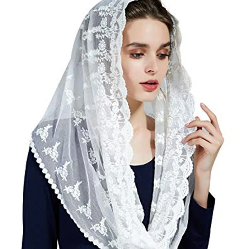 

2021 New White Black Catholic Head Scarf Women Kerchief Chapel Lace Church Veil Wedding Bride Mantilla Latin Veils for Mass