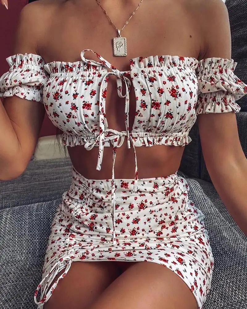 Летний цветочный галстук Короткие топы с вырезом спереди и юбки Женский