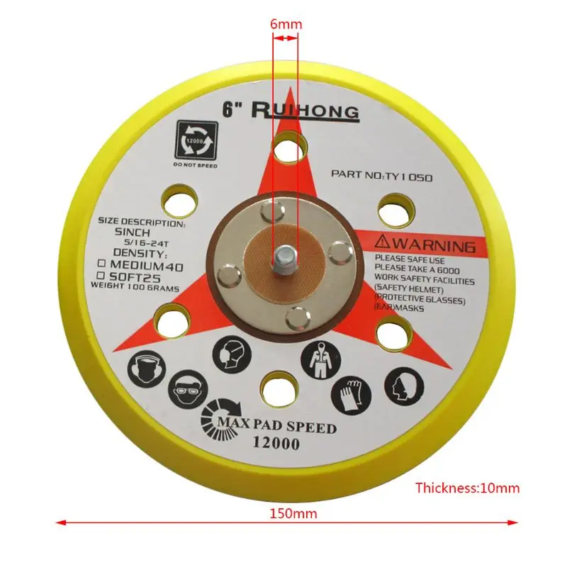 

6 Inch 6 Holes Backup Sanding Pad Sanding Disc Backing Pad 5/16"-24 Thread Hook and Loop Abrasive Tools Grinder Accessories