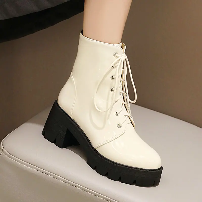

Black Beige Red Platform Women Boots Pu Leather Chunky High Heel Anle Boots Zipper Winter Fashion Shoes Big Size 41 42 43
