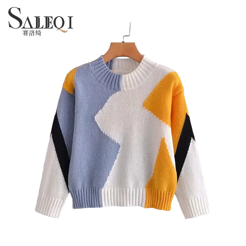 

SALEQI Autumn O Neck Pullover Women Sweater Fashion Patchwork Long Sleeve Knit Jumpers Sweater 2021 Loose Knitwear Tops Female