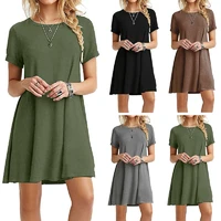 womens dress solid color casual boho beach dresses o neck large size summer short sleeve loose dress casual vintage dresses