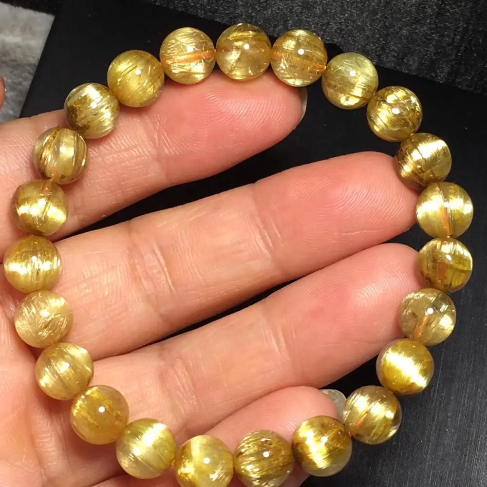 Promo Genuine Natural Gold Rutilated Quartz Crystal 8mm Woman Man Titanium Wealthy Round Beads Bracelet Jewelry Bangle AAAA