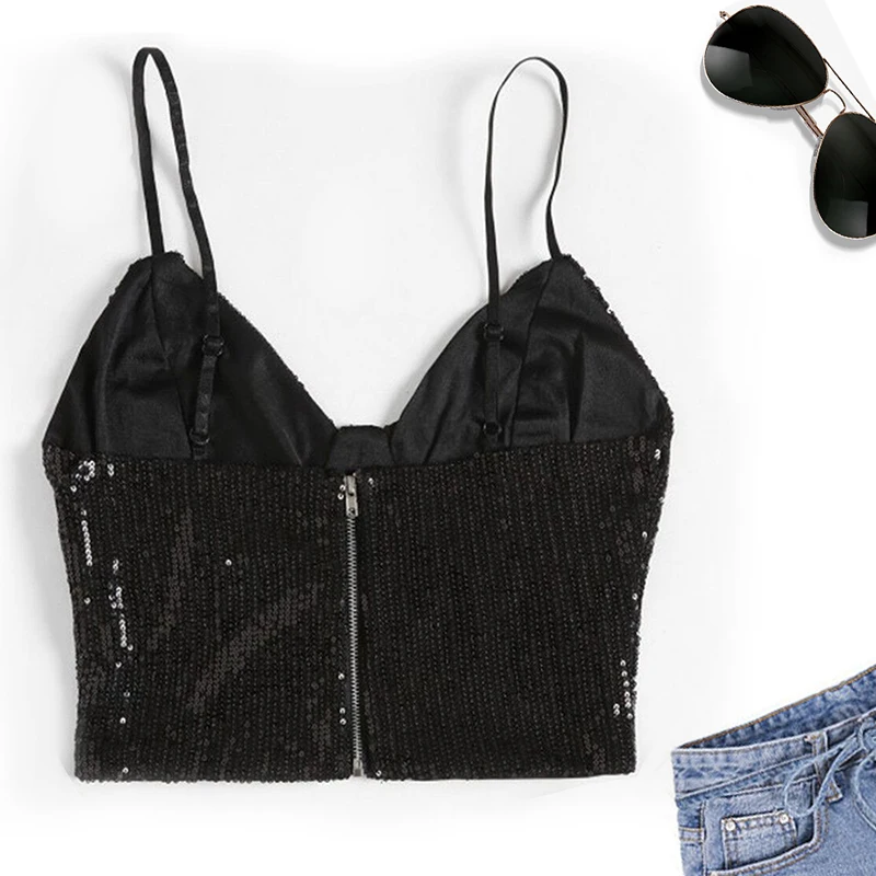 

BFUSTYLE Summer Women Elegant Sexy Shiny Crop Top Sequined Club Backless Sexy V-neck Camisole Top Patry Female Tank Top Dropship