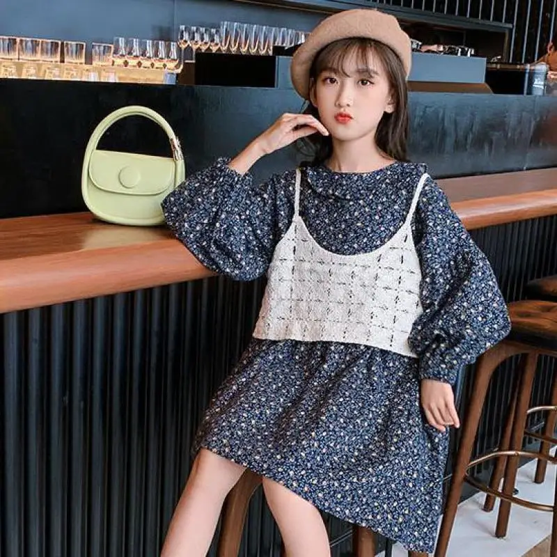 

Осенне-весеннее платье с цветочным рисунком для девочек, платья до колена с длинными рукавами, Детские вечерние платья для подростков на де...