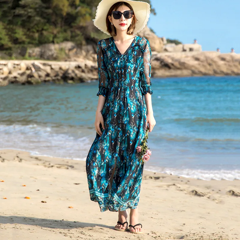 

Женское шелковое платье с V-образным вырезом, Элегантное летнее платье с воланом и разрезом, 2021