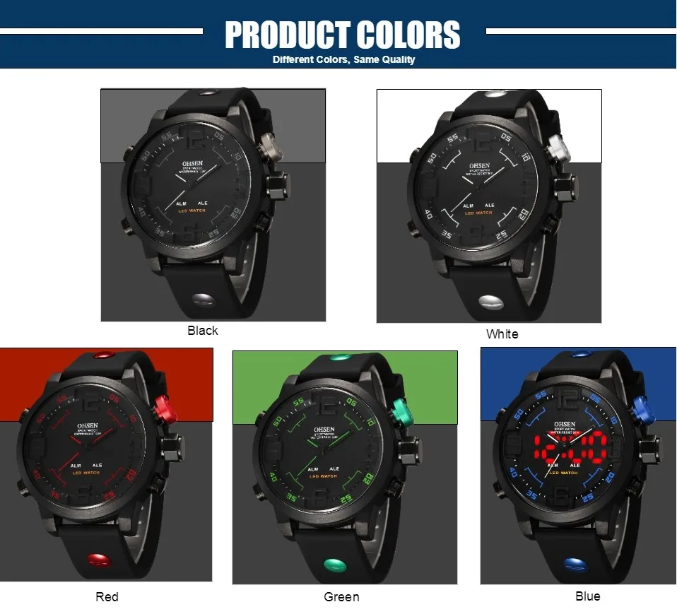 

OHSEN LCD Digital Quartz Mens Fashion Watch Gift Stopwatch Green Dial Rubber Band Military Outdoor Wristwatch Relogio masculino