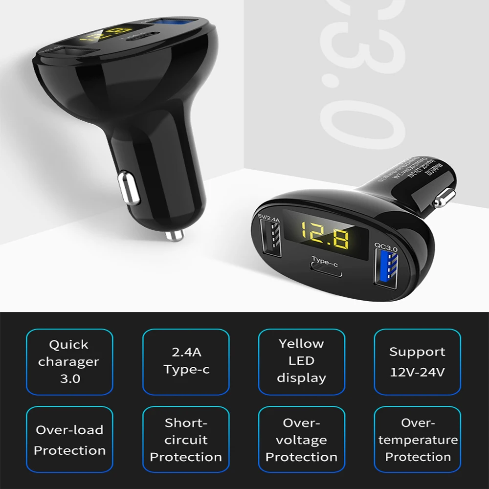 QC 3,0 светодиодный дисплей Автомобильный адаптер питания зарядное устройство для телефона type-C Быстрая зарядка QC3.0 два порта usb прикуриватель источник питания