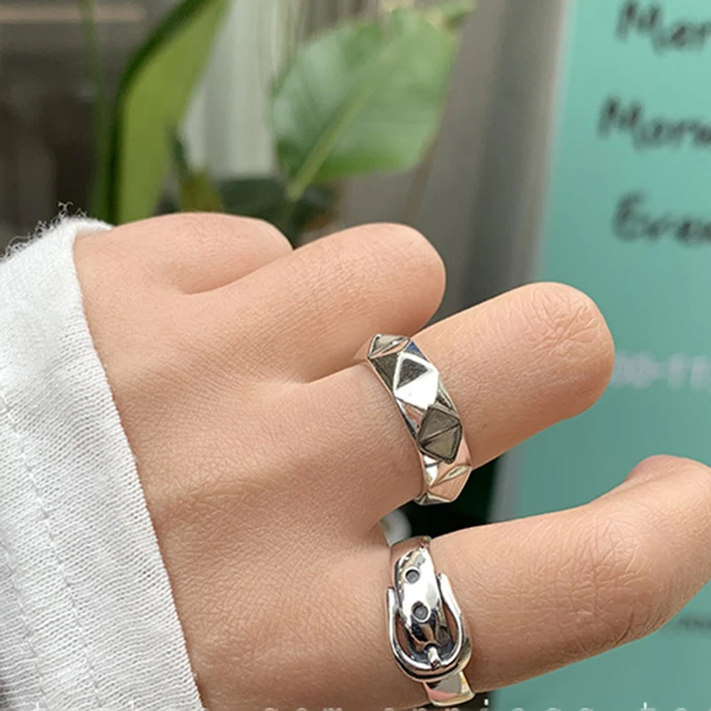 

MEYRROYU Sterling Silver Pandora 925 Original Special Creative Ring Sets Personality Geometric Convex Belt Party Accessories