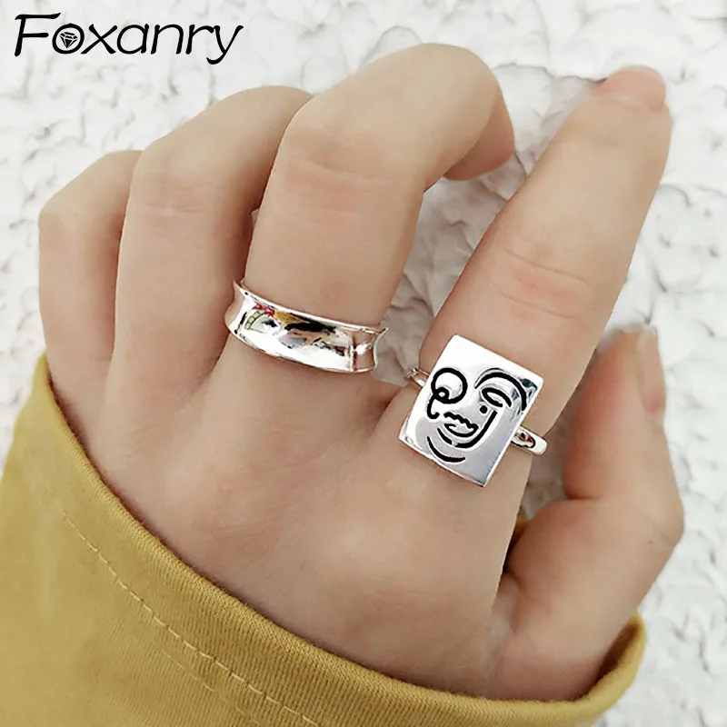 

Evimi 925 Standard Silver Terndy Rings for Women Couples Creative Funny Face Geometric Handmade Finger Jewelry Party Gifts