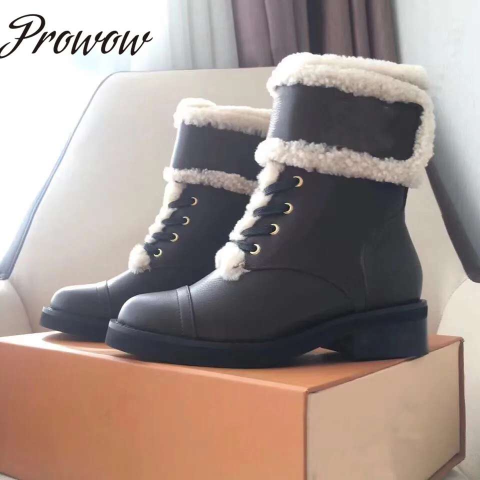 Prowow/Новинка; теплые зимние сапоги из натуральной кожи на шнуровке; женские ботильоны на низком каблуке с круглым носком и мехом норки