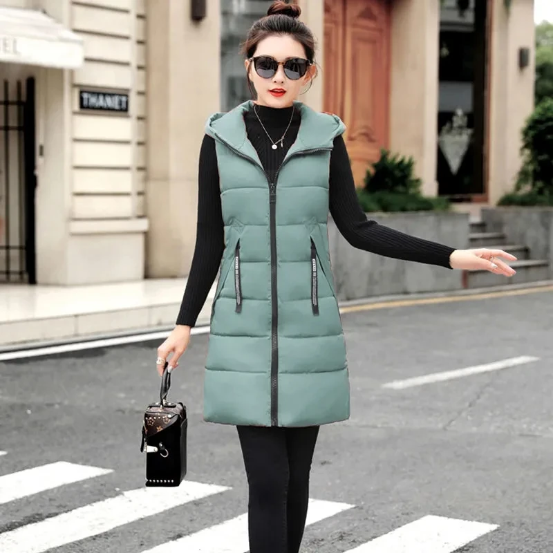2022 Winter Women's jacket Windproof Warm Long Cotton Waistcoat Casual Sleeveless hooded femme coat vest women Oversize parkas