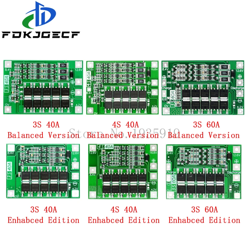 Защитная плата 3S/4S 40A/60A 18650 BMS для зарядки литий ионных батарей двигателя