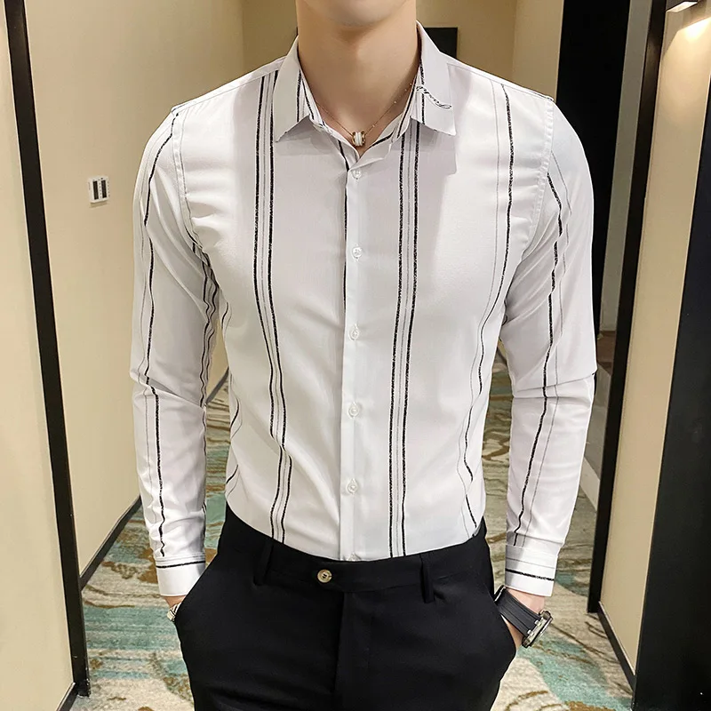 

Men Slim Fit Shirts 2021 Spring Business Striped Blouse Homme Party Formal Dress Soft Comfort Male Clothing Long Sleeve Shirt