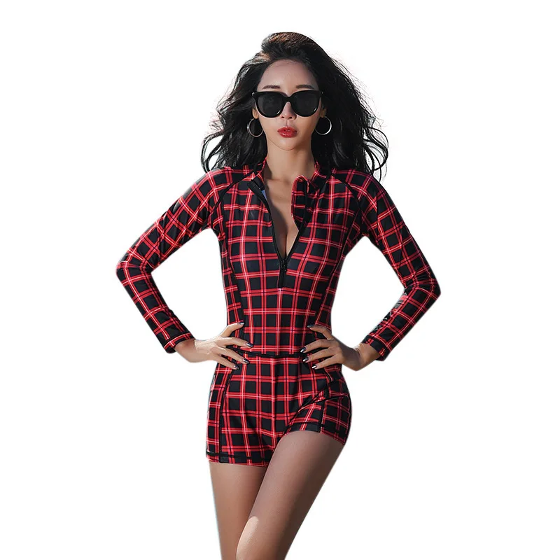 

Women Rash Guard Long Sleeve Surf Swimwear Closed Swimsuit One Piece With Shorts Trikini Lycra Female Red Lattice Swim