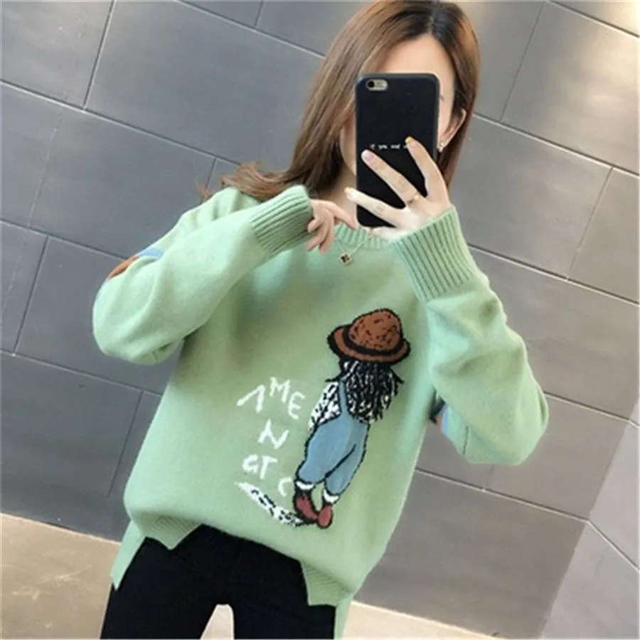 Femme 2021 Winter Autumn New Loose Flame Sweater Women O-Neck Plus Size Blue Female Pullover Women's Sweater