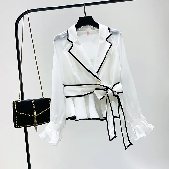 White Chiffon Blouse Women Notched Collar Flare Sleeve Shirt Solid Color Ladies Elegant Black Stripe Edge Blusa Tops | Женская одежда