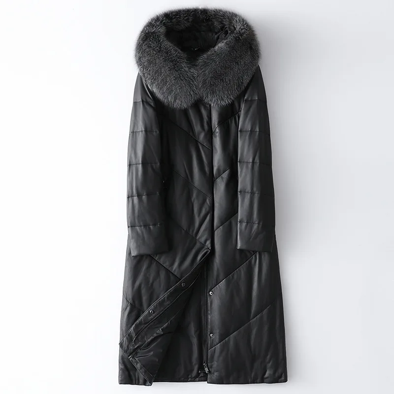 

Fashion Fox Collar Sheepskin Coat High Quality Thick Warm 2020 New Women's Genuine Leather Down Jacket Long Black Outwear