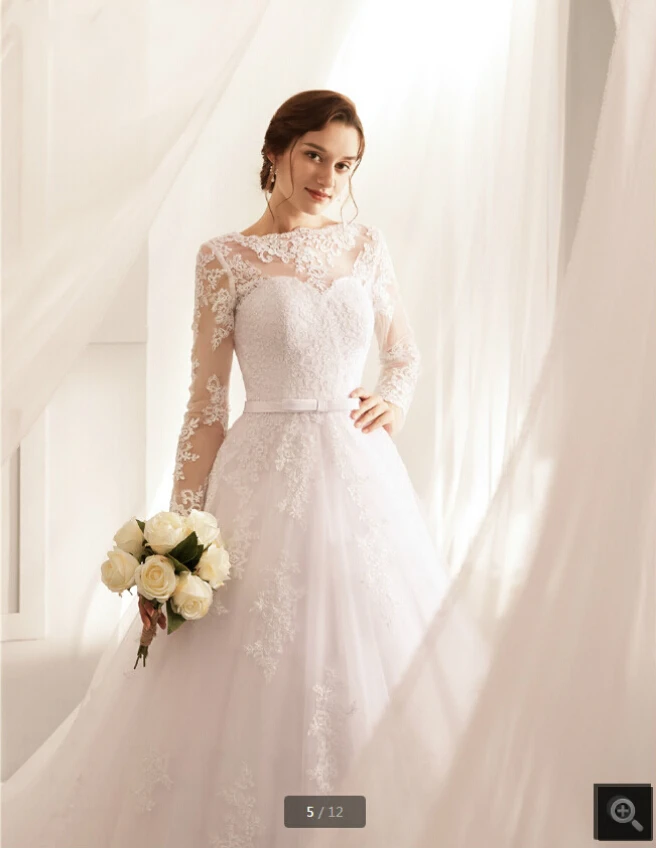 

Robe de mariage white lace tulle modest wedding dress appliques beaded long sleeve vintage bride dresses princess puffy muslim