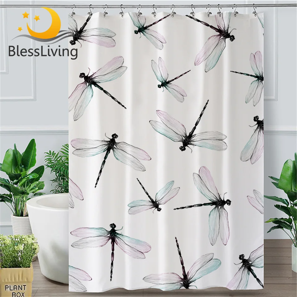 Занавеска для ванной с изображением стрекозы крючками|Шторы душа| |