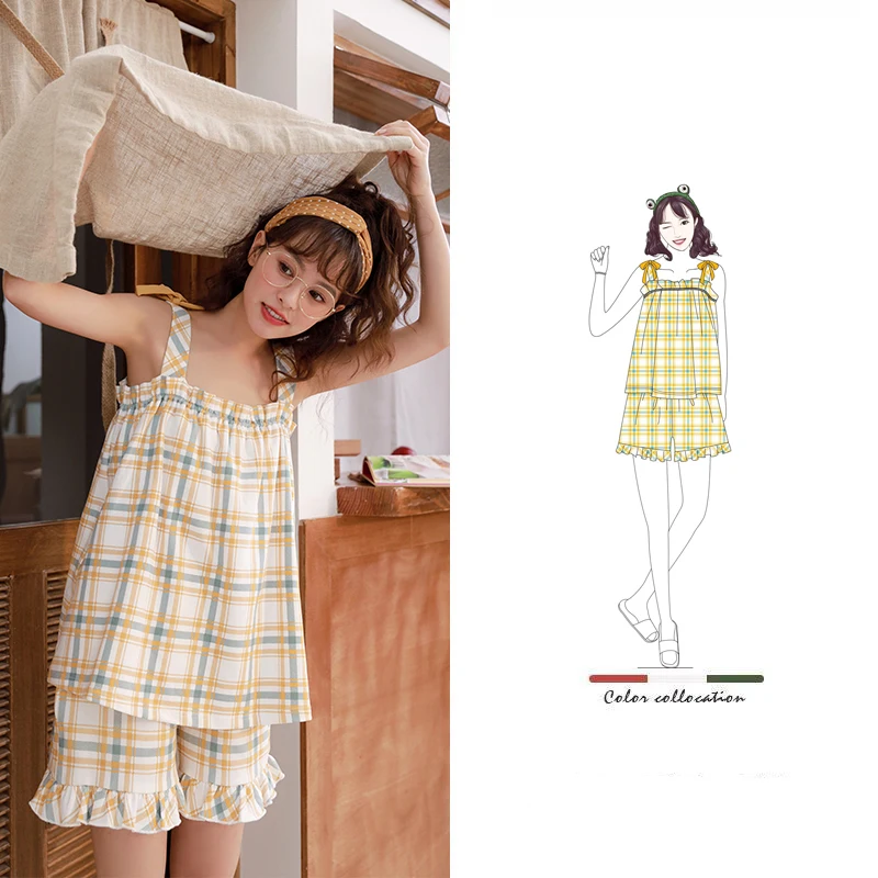 Caiyier Корейский Летний пижамный комплект из хлопка на бретельках 2020 милая желтая