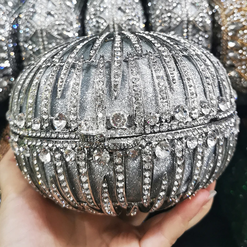 

New Arrival Silver Crystal Women Clutch Bags Evening Diamond Bag Luxury Ladies Ball Shape Wedding Bridal Shoulder Chain Handabgs