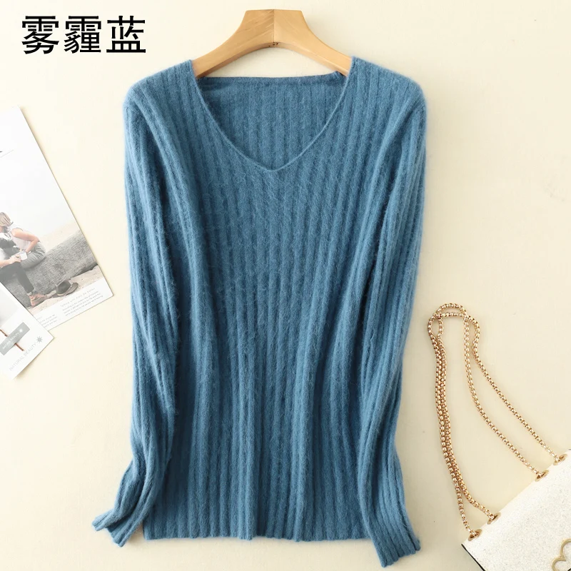 

2020 Fall Winter V-neck 100% Mink Cashmere Sweater Women Slim Fit Slim Down Cashmere Sweater Short Section Tight Knit Wool